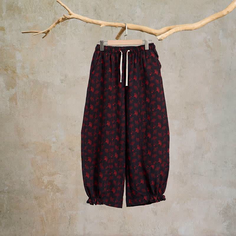 Pantaloni harem vintage in cotone con foglie di ginkgo - Nero - 2XL - image 9