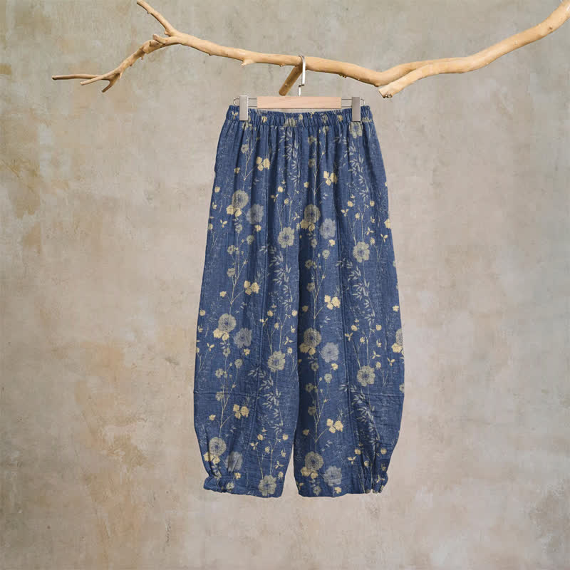 Pantaloni da casa in cotone a trama grossa color blu navy con fiori selvatici - image 6