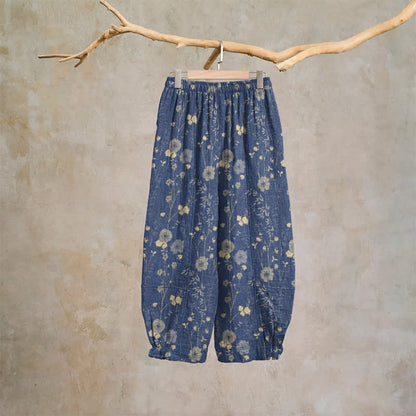 Pantaloni da casa in cotone a trama grossa color blu navy con fiori selvatici - image 6