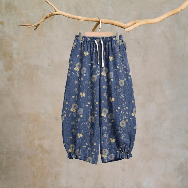 Pantaloni da casa in cotone a trama grossa color blu navy con fiori selvatici - image 5