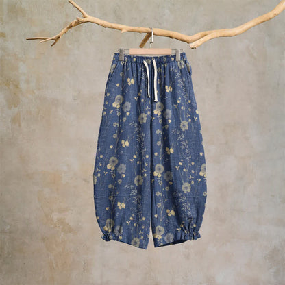Pantaloni da casa in cotone a trama grossa color blu navy con fiori selvatici - image 5