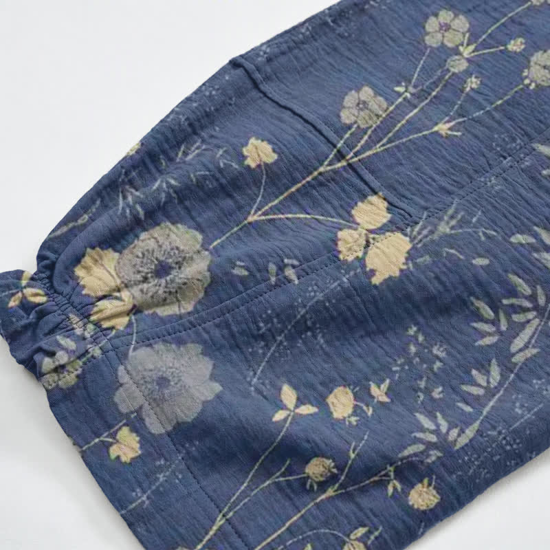 Pantaloni da casa in cotone a trama grossa color blu navy con fiori selvatici - image 10