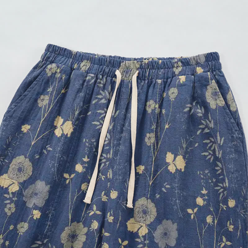 Pantaloni da casa in cotone a trama grossa color blu navy con fiori selvatici - image 7