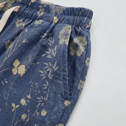 Pantaloni da casa in cotone a trama grossa color blu navy con fiori selvatici - image 8