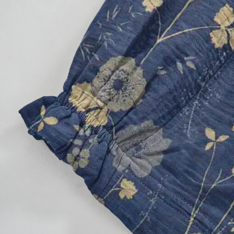 Pantaloni da casa in cotone a trama grossa color blu navy con fiori selvatici - image 9