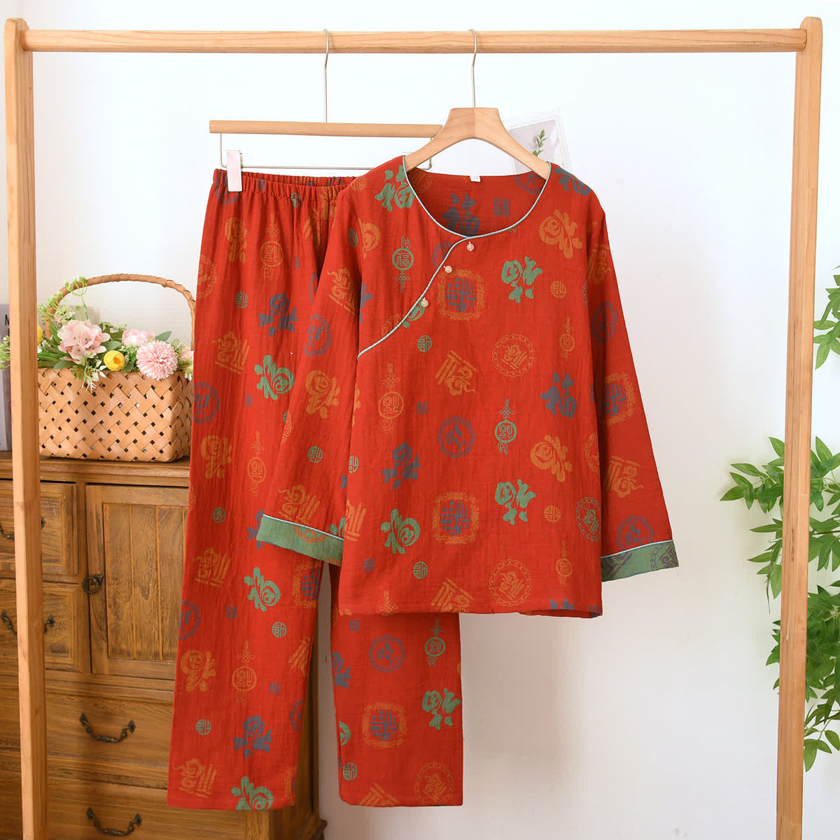Set pigiama cinese in cotone rosso con motivo fu. - Rosso - Collo tondo - XL - image 2