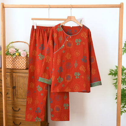 Set pigiama cinese in cotone rosso con motivo fu. - Rosso - Collo tondo - XL - image 2