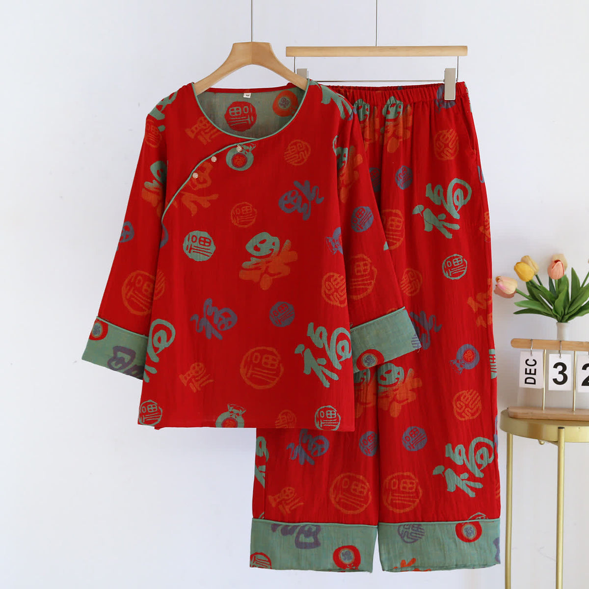 Completo pigiama di coppia in garza di cotone rosso festivo - Rosso - Donna 2XL - image 2