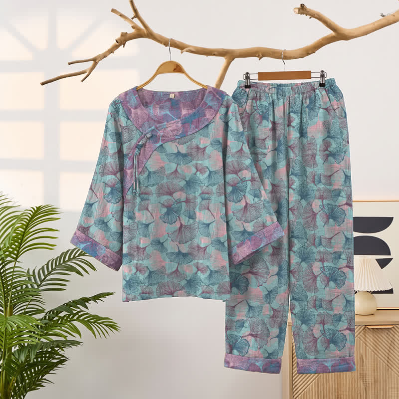 Set pigiama in stile cinese con foglie di ginkgo - Blu - 2XL - image 0