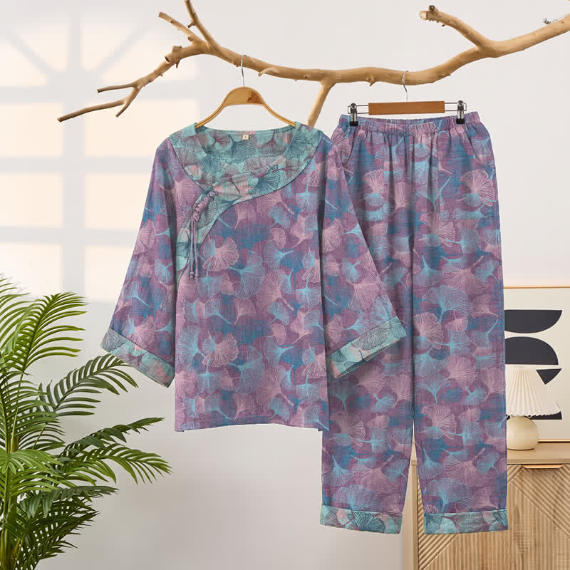 Set pigiama in stile cinese con foglie di ginkgo - Viola - 2XL - image 6