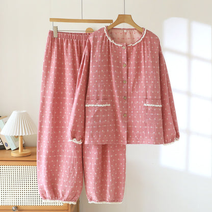 Completo da casa in garza di cotone a pois con pizzo - Rosa - 2XL - image 1