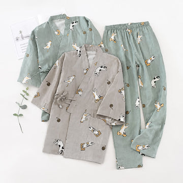 Kimono coordinato in cotone con motivo gatto per coppia, abbigliamento da casa - image 0