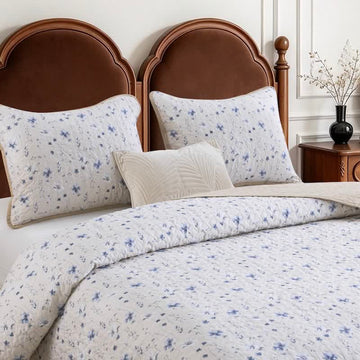 Set di trapunte in cotone con motivo floreale ad acquerello blu - Bianco crema - Trapunta con 2 federe - Matrimoniale Grande - image 0