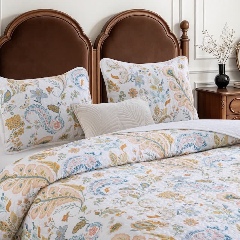 Set di trapunte in cotone con motivo floreale multicolore in stile country - Bianco crema - Trapunta con 2 federe - Matrimoniale Grande - image 0