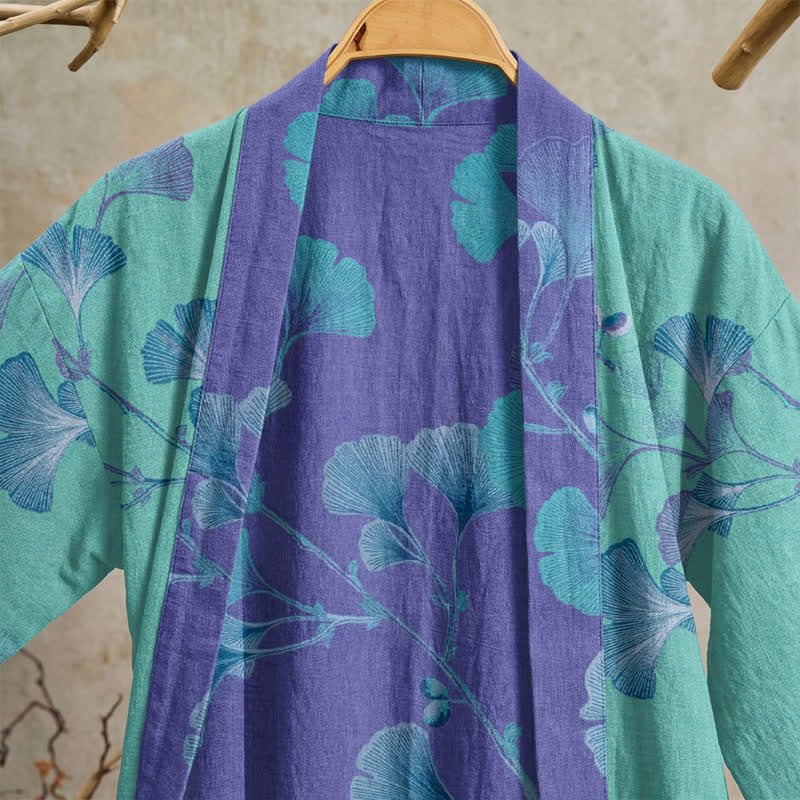 Kimono in cotone con foglie di ginkgo in stile boho - image 7