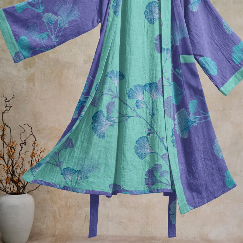 Kimono in cotone con foglie di ginkgo in stile boho - image 3