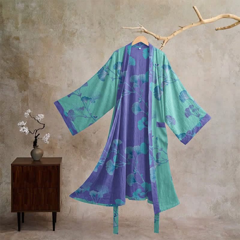 Kimono in cotone con foglie di ginkgo in stile boho - Blu - XL - image 5