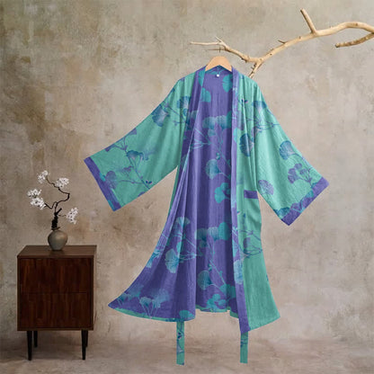 Kimono in cotone con foglie di ginkgo in stile boho - Blu - XL - image 5