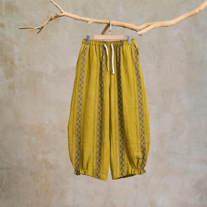 Pantaloni harem in cotone a righe gialle con motivo a foglie - Giallo - XL - image 0