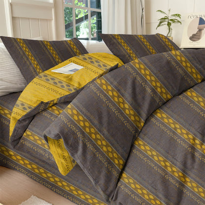 Set di biancheria da letto con copripiumino reversibile in cotone a righe e motivo a foglie. - Marrone - Set di biancheria da letto (4 pezzi) - Matrimoniale Grande - image 5