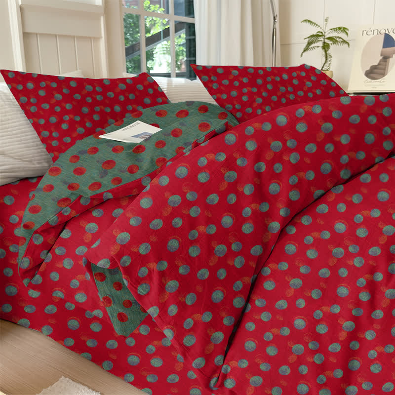 Set di biancheria da letto con copripiumino reversibile in cotone a pois - Rosso - Set di biancheria da letto (4 pezzi) - Matrimoniale Grande - image 0
