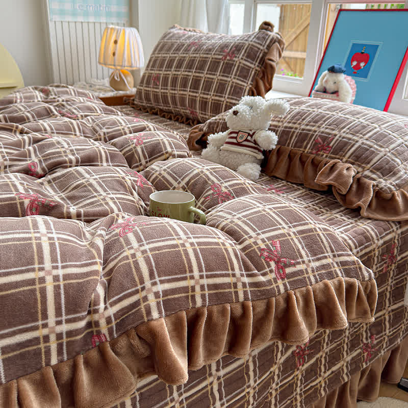 Set di biancheria da letto a quadri con volant e fiocco marrone - image 1