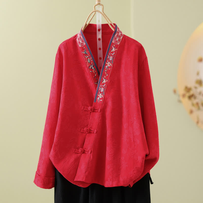 Top da casa vintage in cotone e lino con bottoni a rana - Rosso - 2XL - image 9