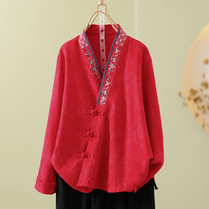 Top da casa vintage in cotone e lino con bottoni a rana - Rosso - 2XL - image 9