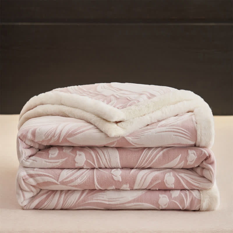 Coperta in pile sherpa rosa con motivo a tulipani in rilievo - image 11
