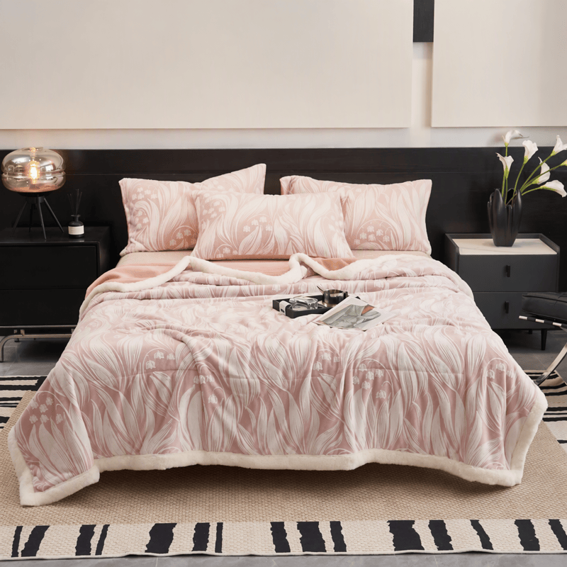 Coperta in pile sherpa rosa con motivo a tulipani in rilievo - Coperta - 79" x 91" - image 0