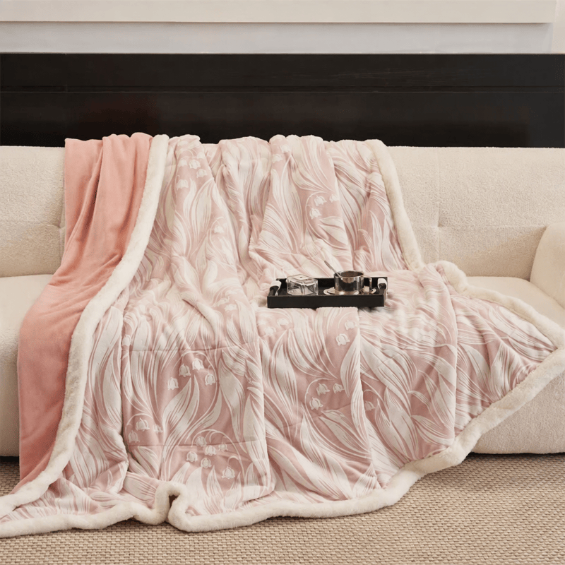 Coperta in pile sherpa rosa con motivo a tulipani in rilievo - image 8