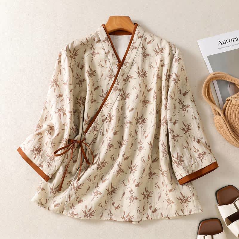 Camicia casual da casa con scollo a croce e stampa floreale - Beige - 2XL - image 0