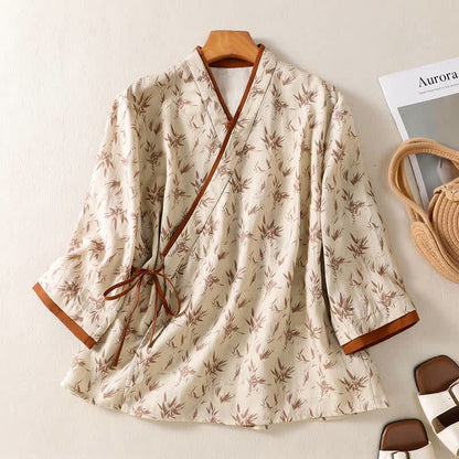 Camicia casual da casa con scollo a croce e stampa floreale - Beige - 2XL - image 0