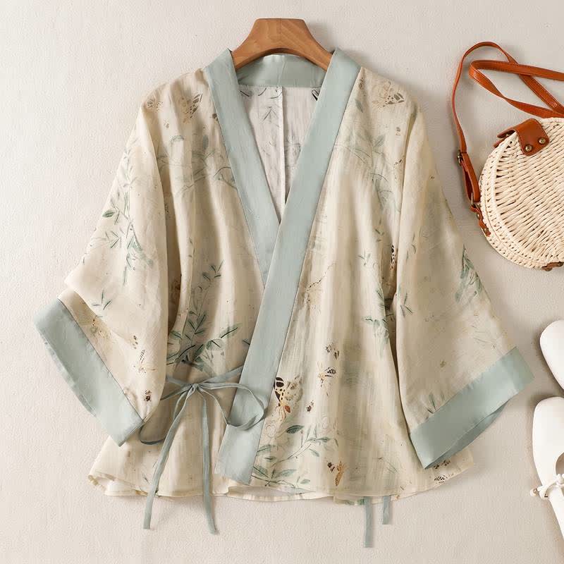 Kimono da casa con cintura in vita e stampa floreale. - Beige - 2XL - image 0
