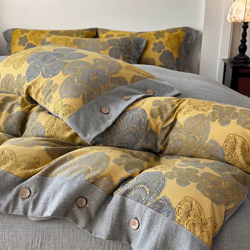Set di biancheria da letto in cotone e lino con stampa floreale e chiusura a bottoni. - image 2