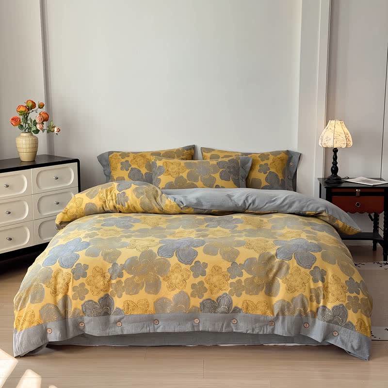 Set di biancheria da letto in cotone e lino con stampa floreale e chiusura a bottoni. - image 1