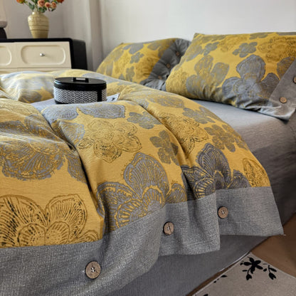 Set di biancheria da letto in cotone e lino con stampa floreale e chiusura a bottoni. - Matrimoniale Grande - image 0