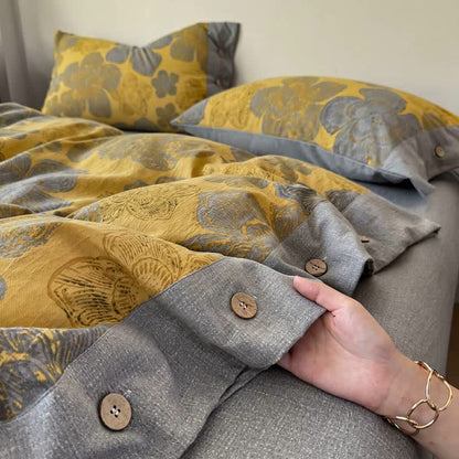 Set di biancheria da letto in cotone e lino con stampa floreale e chiusura a bottoni. - image 3