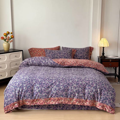 Set di biancheria da letto in cotone e lino con stampa floreale vintage, composto da 4 pezzi. - image 1