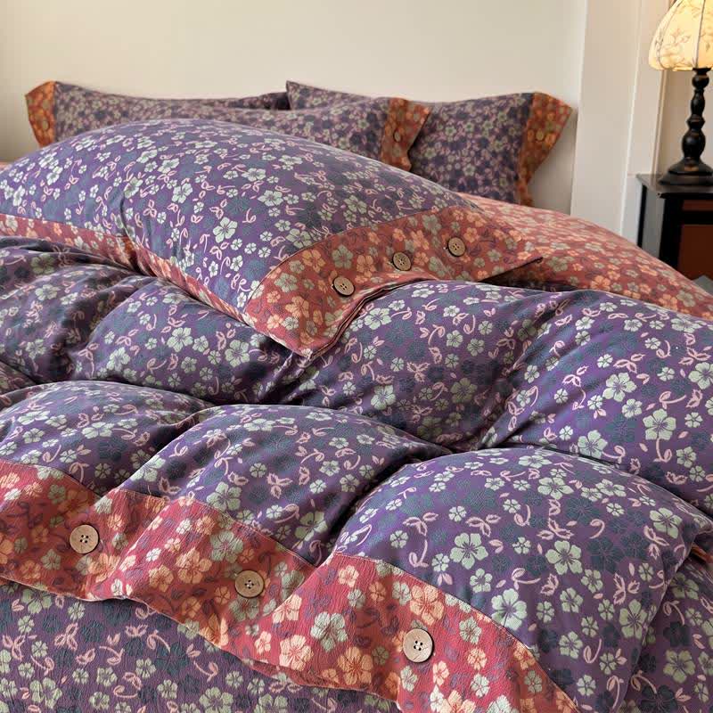 Set di biancheria da letto in cotone e lino con stampa floreale vintage, composto da 4 pezzi. - image 2
