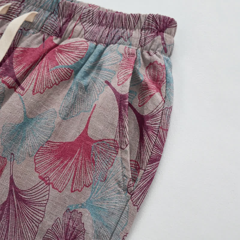 Pantaloni harem comodi in cotone con motivo a foglie di ginkgo - image 9