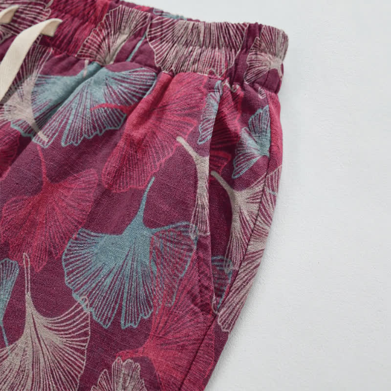 Pantaloni harem comodi in cotone con motivo a foglie di ginkgo - image 3
