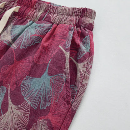 Pantaloni harem comodi in cotone con motivo a foglie di ginkgo - image 3