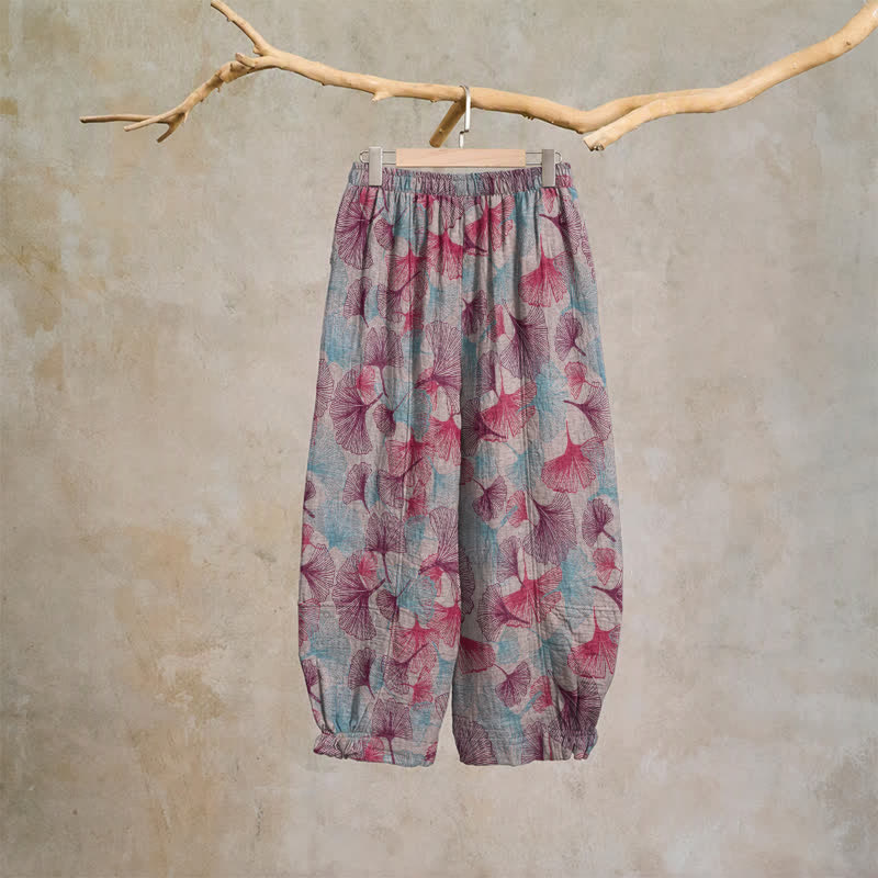 Pantaloni harem comodi in cotone con motivo a foglie di ginkgo - image 7