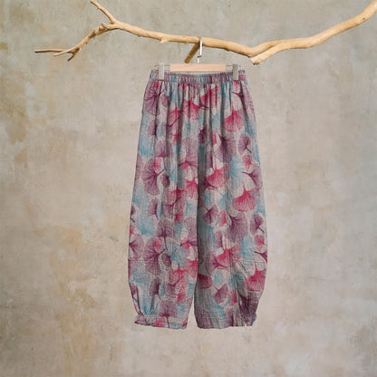 Pantaloni harem comodi in cotone con motivo a foglie di ginkgo - image 7