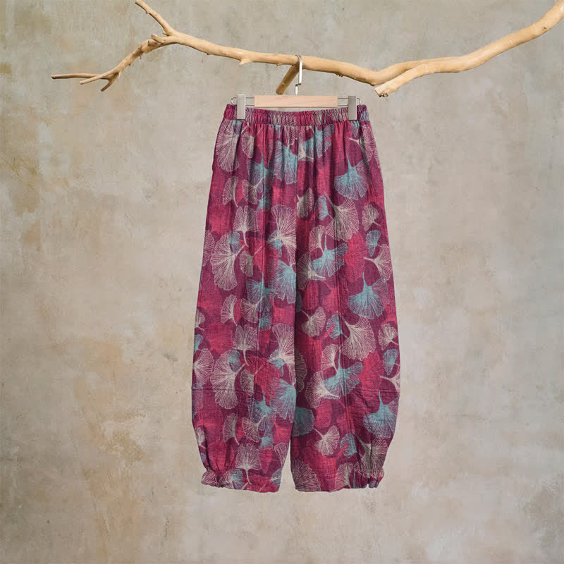 Pantaloni harem comodi in cotone con motivo a foglie di ginkgo - image 1