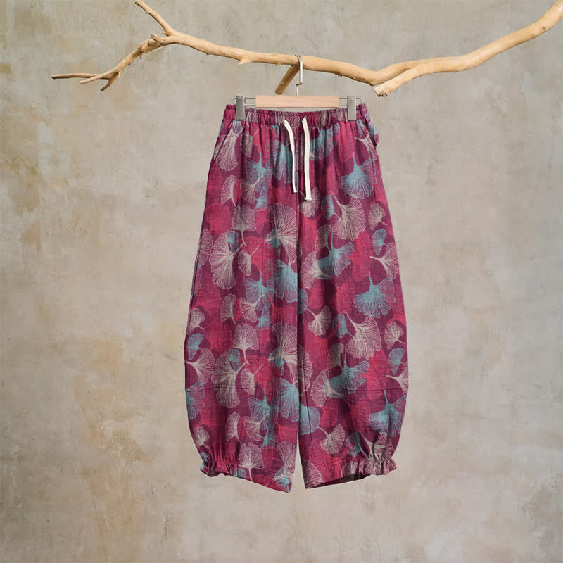 Pantaloni harem comodi in cotone con motivo a foglie di ginkgo - Fucsia - XL - image 0