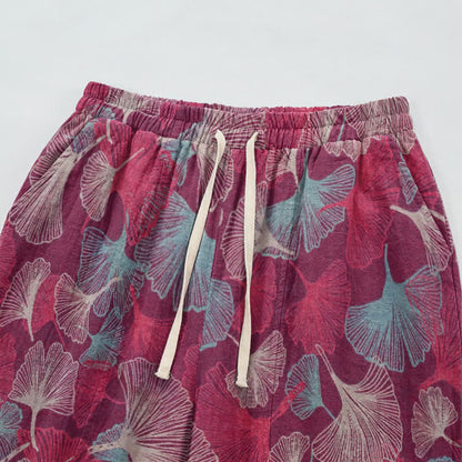 Pantaloni harem comodi in cotone con motivo a foglie di ginkgo - image 2