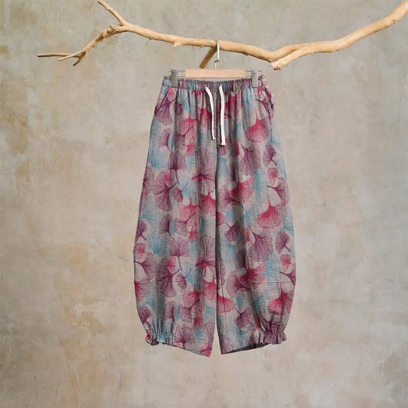 Pantaloni harem comodi in cotone con motivo a foglie di ginkgo - Beige - XL - image 6