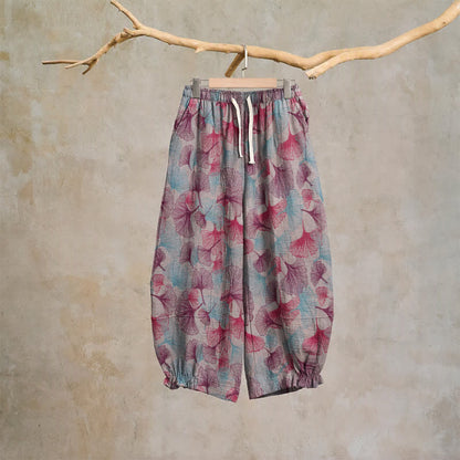 Pantaloni harem comodi in cotone con motivo a foglie di ginkgo - Beige - XL - image 6